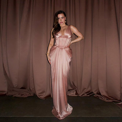 Damen elegantes Maxikleid mit feinem V-Ausschnitt und tailliertem Design R&B