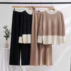 Damen elegantes Strick-Loungewear-Set mit weitem Bund und dekorativem Kragen R&B