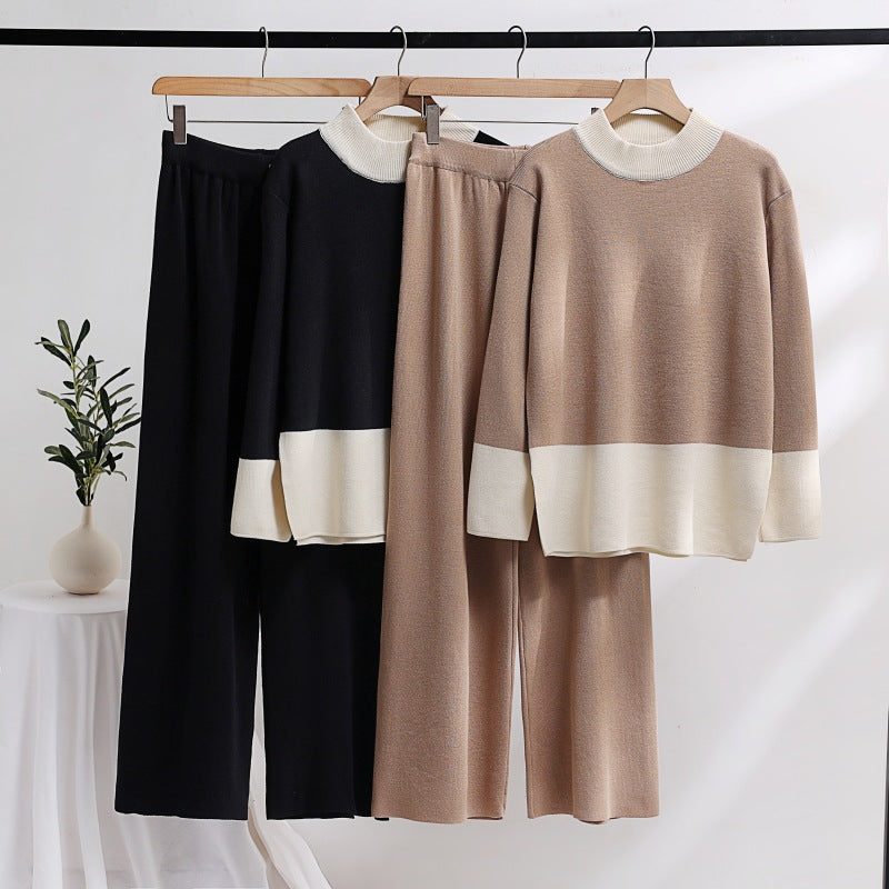 Damen elegantes Strick-Loungewear-Set mit weitem Bund und dekorativem Kragen R&B