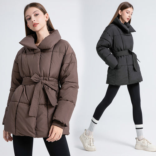 Damen Komfortable und elegante Pufferjacke mit Gürtel und hohem Kragen R&B