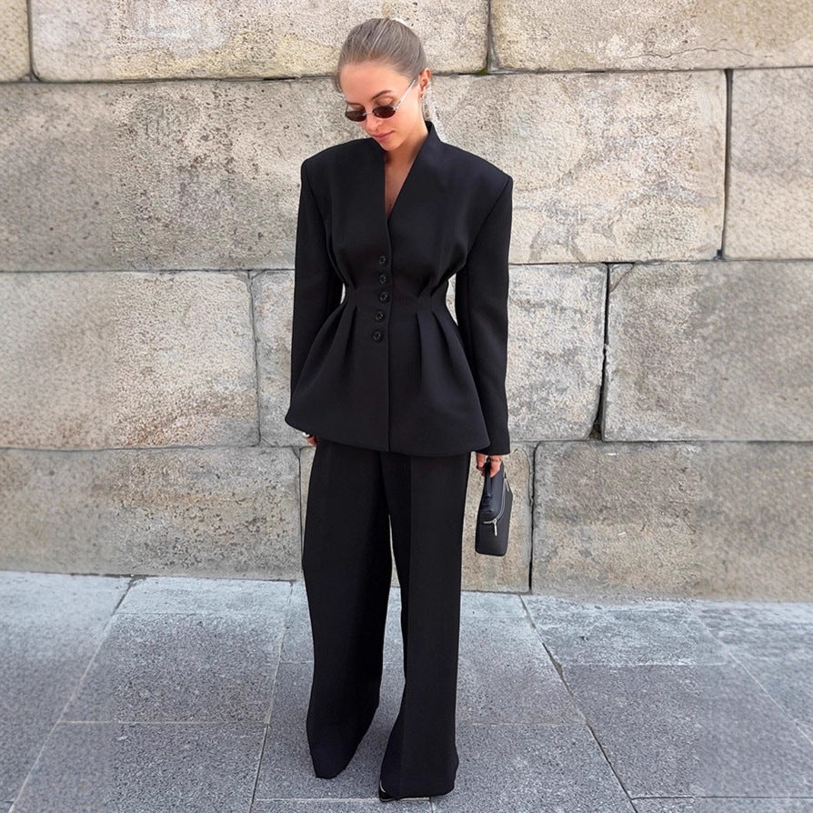 Damen Eleganter Blazer-Hosenanzug mit taillierter Silhouette und klassischen Knopfdetails R&B