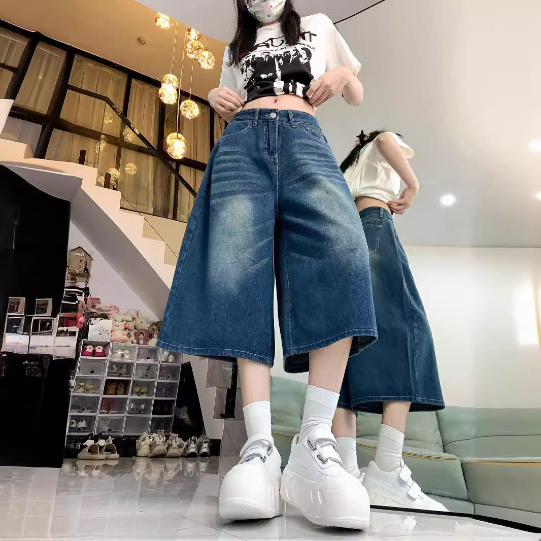 Damen Weite Denim-Culotte mit hohem Bund und elastischem Taillenbund R&B