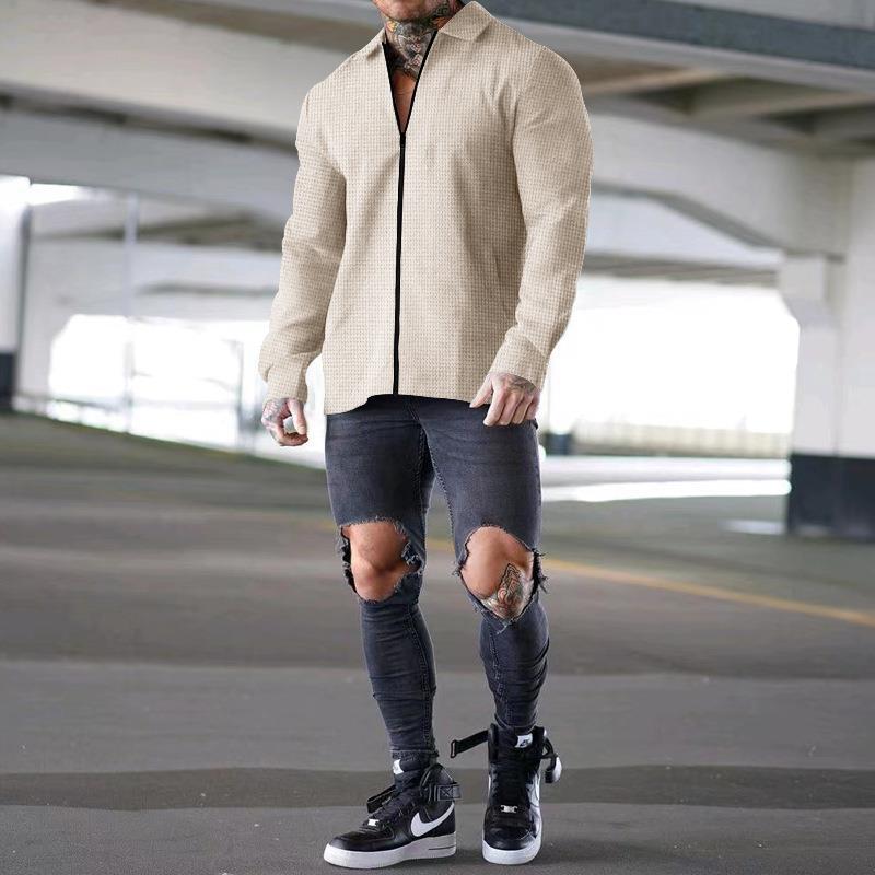 Herren lässiges Kurzarm-Hemd mit strukturiertem Design und modernem Reißverschluss R&B