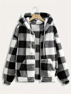 Damen Flauschige Kapuzenjacke im Karomuster R&B