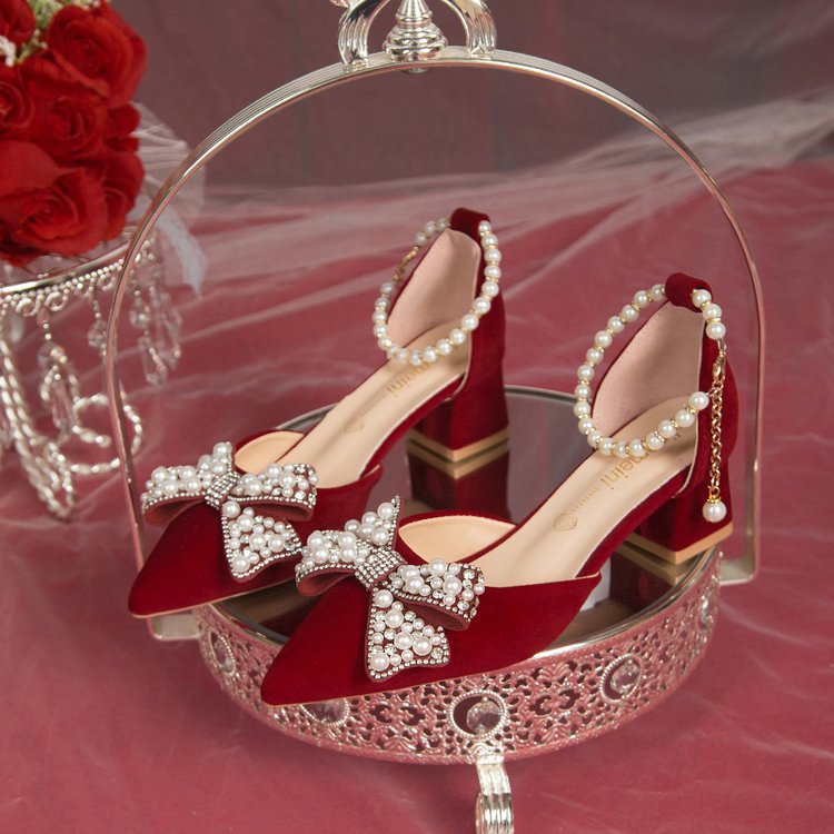 Damen elegante Pumps mit funkelndem Schleifen-Design und Perlenakzenten