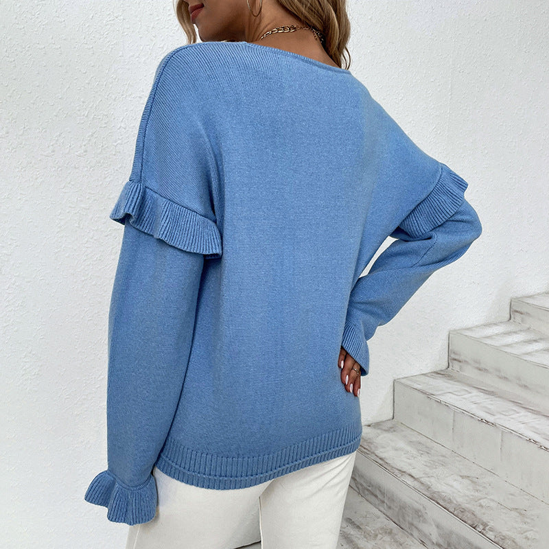 Damen eleganter Pullover mit Rüschendetails und V-Ausschnitt R&B
