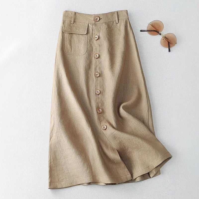 Damen Langer Leinenrock mit Knopfdetails und Taschen R&B