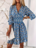 Damen Blumenkleid mit V-Ausschnitt und Puffärmeln R&B