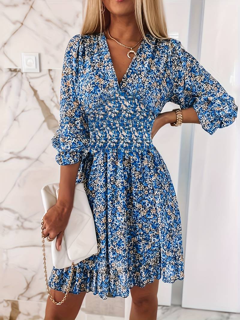 Damen Blumenkleid mit V-Ausschnitt und Puffärmeln R&B