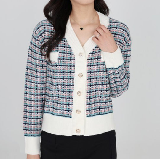 Damen modischer Strickcardigan mit farbenfrohem Muster und Knopfleiste R&B