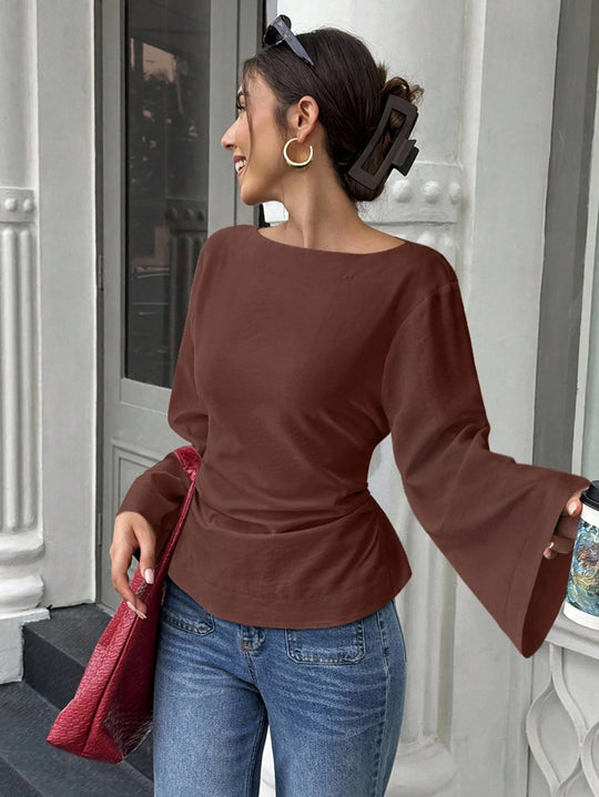 Damen elegantes Oberteil mit weitem Ärmel und schickem Bund R&B