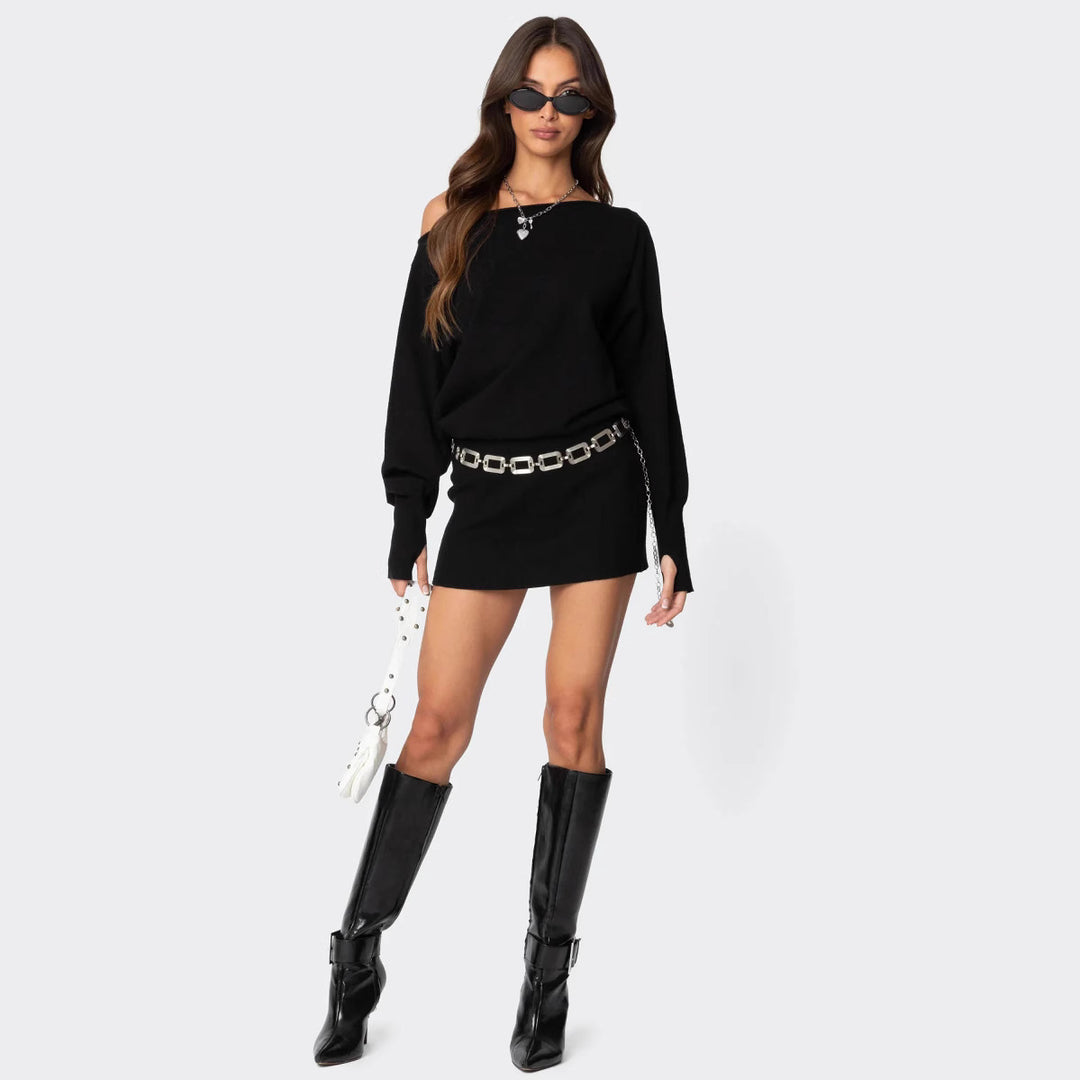 Damen lässiges Strickkleid mit asymmetrischem Ausschnitt und tailliertem Bund R&B