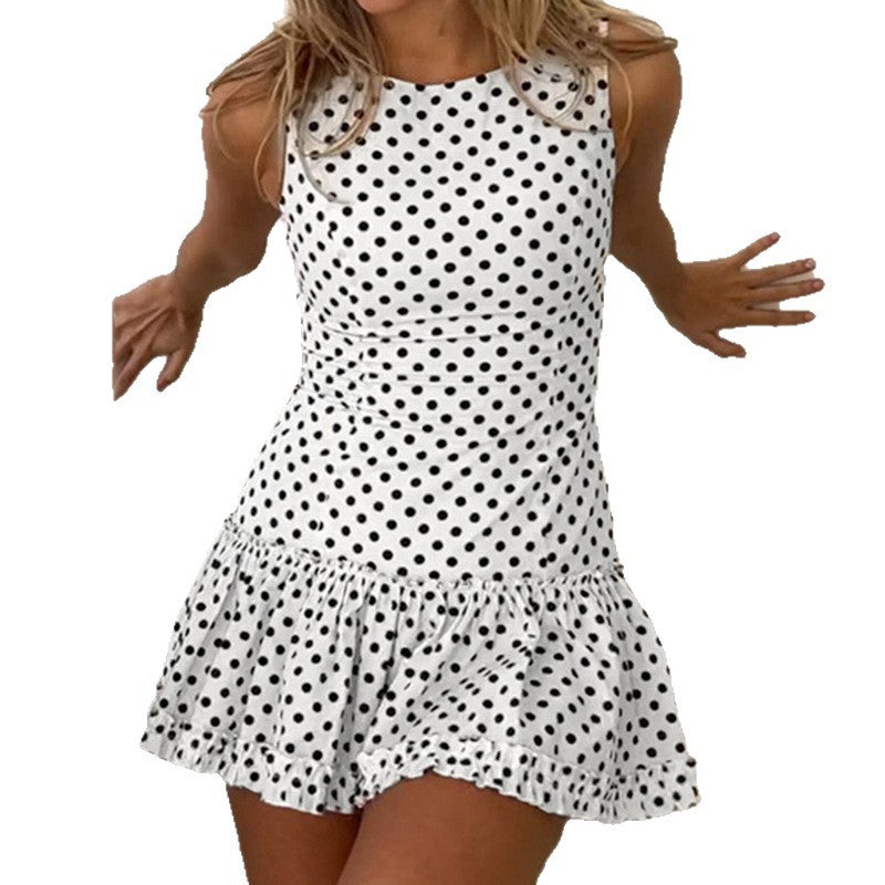 Damen Polka-Dots Minikleid mit voluminösem Rock und angedeutetem Spitzen Saum R&B