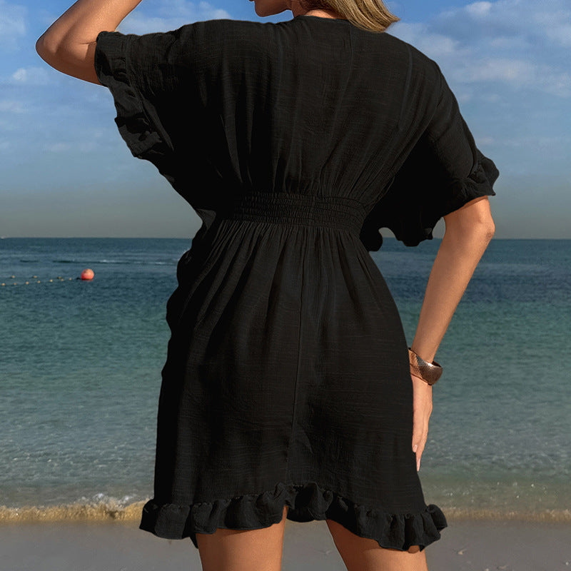 Damen luftiges Strandkleid mit Rüschendetails und vorteilhafter Schärpe R&B