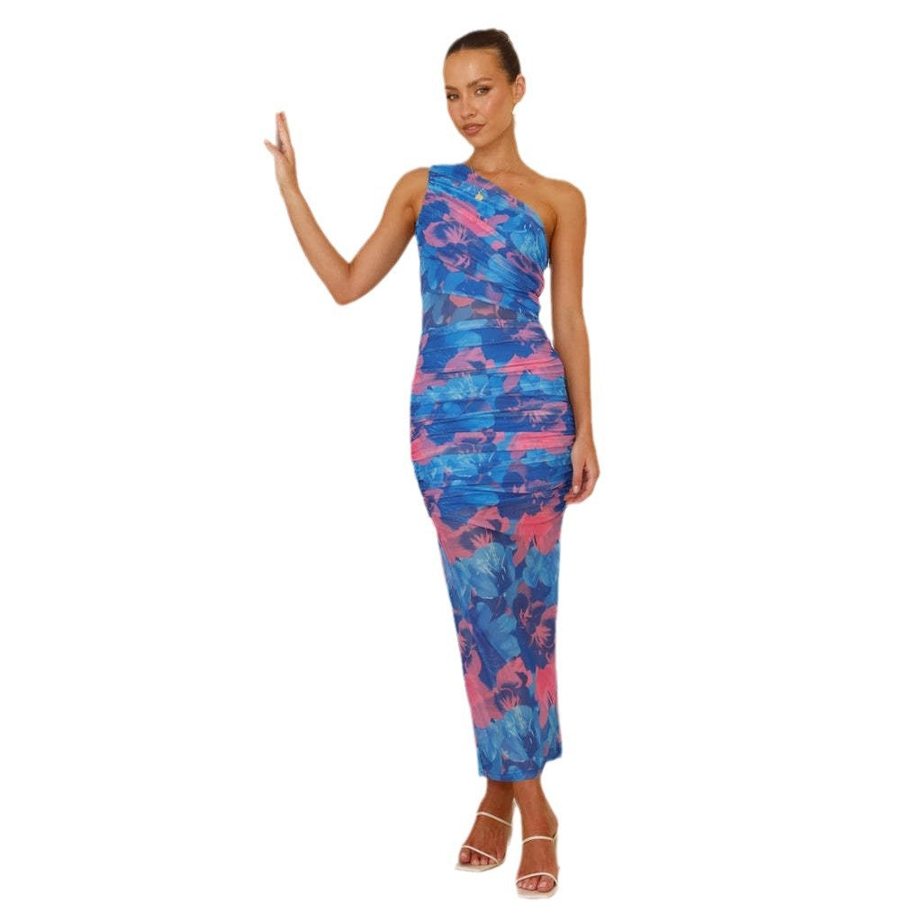 Damen Midikleid mit asymmetrischem Träger und floralem Raffdesign R&B