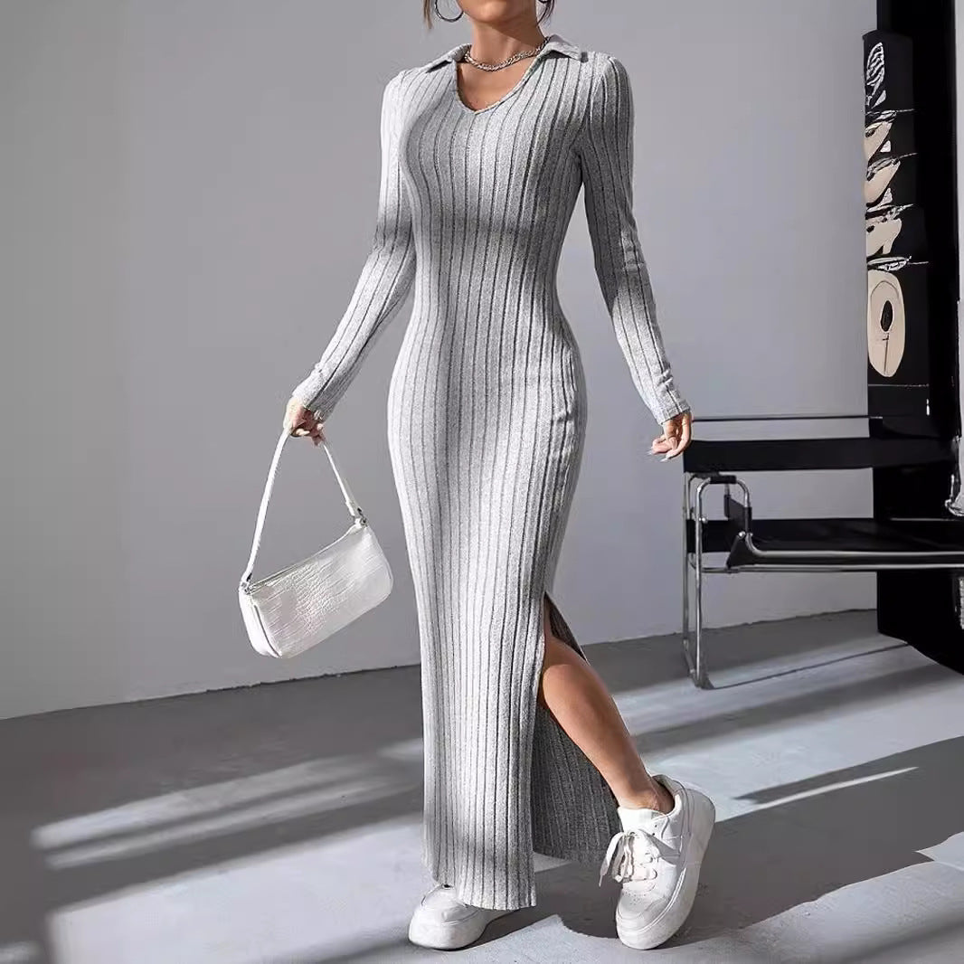 Damen Langarm Maxikleid mit V-Ausschnitt und seitlichem Schlitz R&B