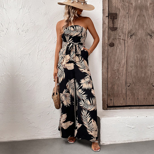 Damen Maxi-Jumpsuit mit strukturiertem Bandeau-Oberteil und lässigem Schnitt R&B