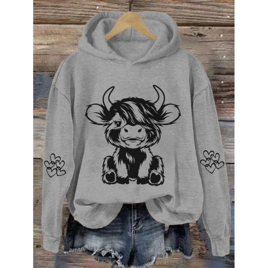 Damen Kapuzensweater mit entzückendem Kuhmotiv und praktischen Kängurutaschen R&B
