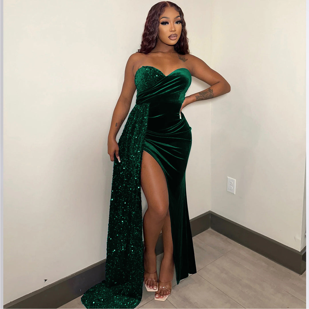 Damen Glamouröses Abendkleid mit schimmerndem Satin und hohem Schlitz R&B
