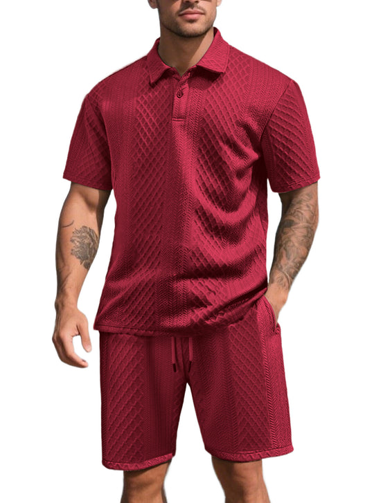 Herren nan dreidimensionales Relief-Freizeit-Set mit Polokragen, verdeckter Knopfleiste und elastischer Tunnelzugshorts R&B