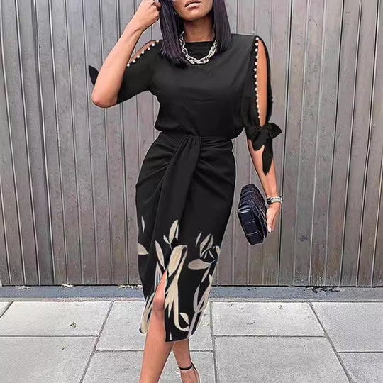 Damen Midikleid mit elegantem Bindegürtel und modischen Cut-Out-Ärmeln R&B