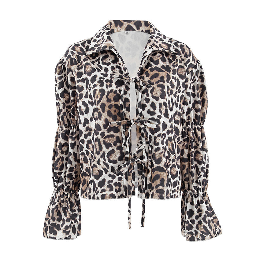 Damen Modische Bluse mit Leopardenmuster und Rüschenärmeln R&B