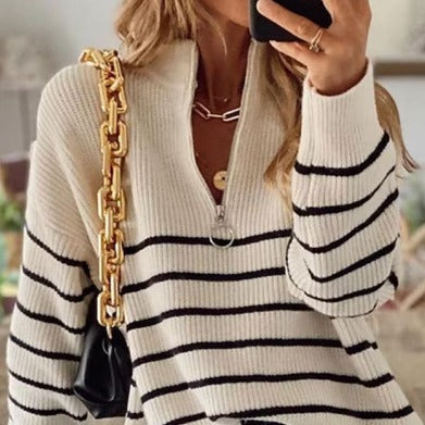 Damen Strickpullover mit halbem Reißverschluss und Streifenmuster R&B