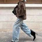 Damen Pelzjacke im modernen Oversize-Stil mit gemütlichem Kragen R&B