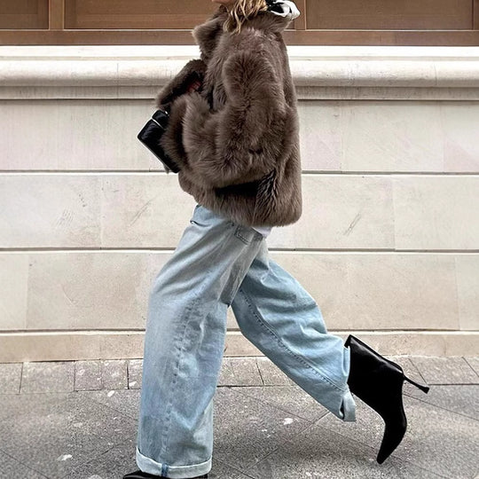 Damen Pelzjacke im modernen Oversize-Stil mit gemütlichem Kragen R&B
