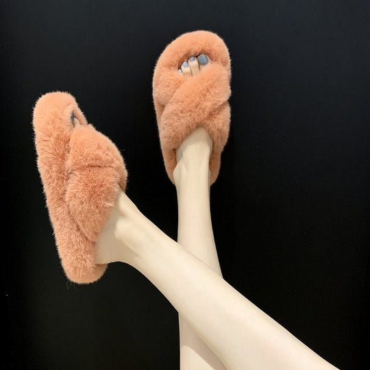 Damen Flauschige Hausschlappen mit gewendeten Riemen und ergonomischem Fußbett R&B
