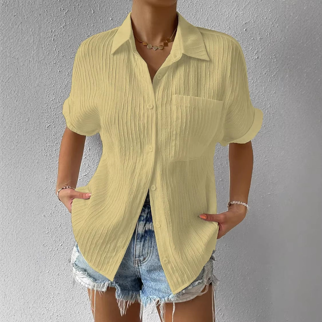 Damen lässige kurzärmlige Bluse mit Struktur und Brusttasche R&B