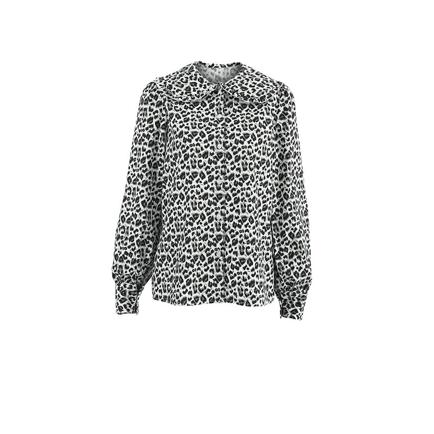 Damen Modische Bluse mit Leopardenmuster und voluminösen Ärmeln R&B