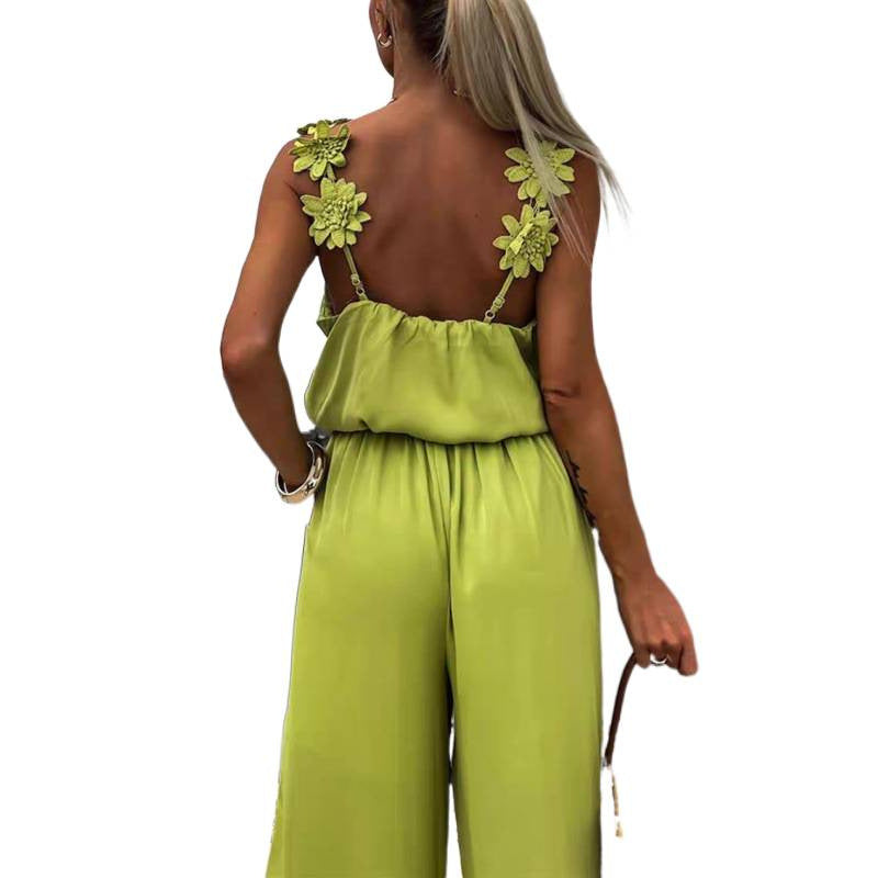 Damen Jumpsuit mit floralen Rüschen und weitem Bein R&B
