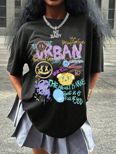 Damen oversized Grafik-T-Shirt mit urbanem Design R&B