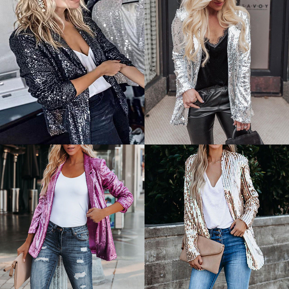 Damen Glamouröse Blazerjacke mit Paillettenbesatz und langem Arm R&B