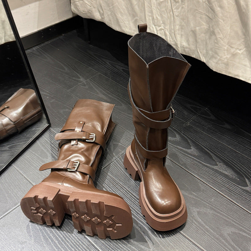 Damen trendige hohe Stiefel mit doppeltem Riemen und robustem Plateau-Heel R&B