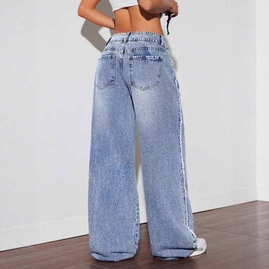 Damen Weite Denim-Jeans mit auffälligem fransigem Saum und hoher Taille R&B