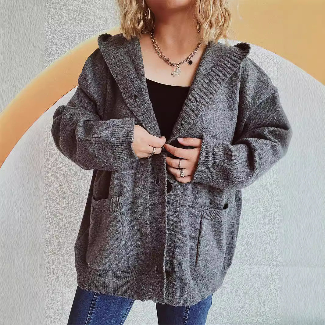 Damen bequeme Strickjacke mit Kapuze und praktischen Taschen R&B