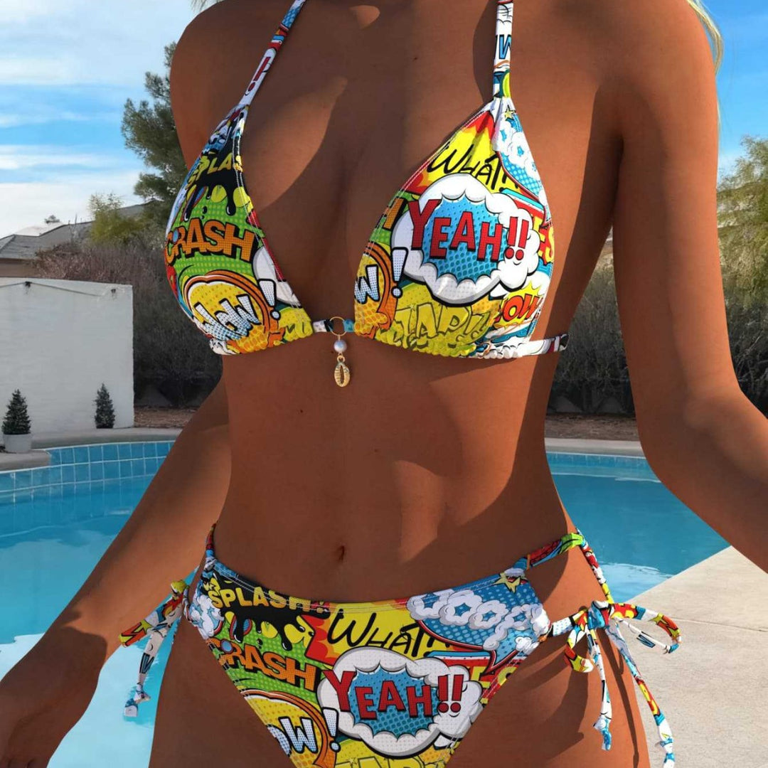 Damen Triangel-Bikini mit comic-inspiriertem Muster R&B