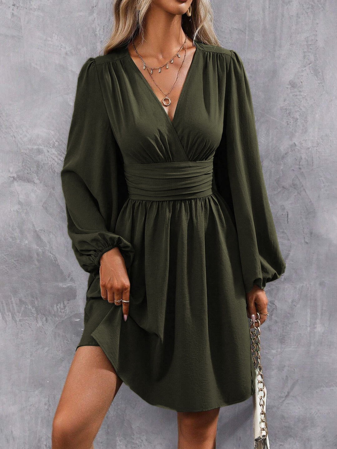 Damen Knielanges Wickelkleid mit eleganten Puffärmeln R&B