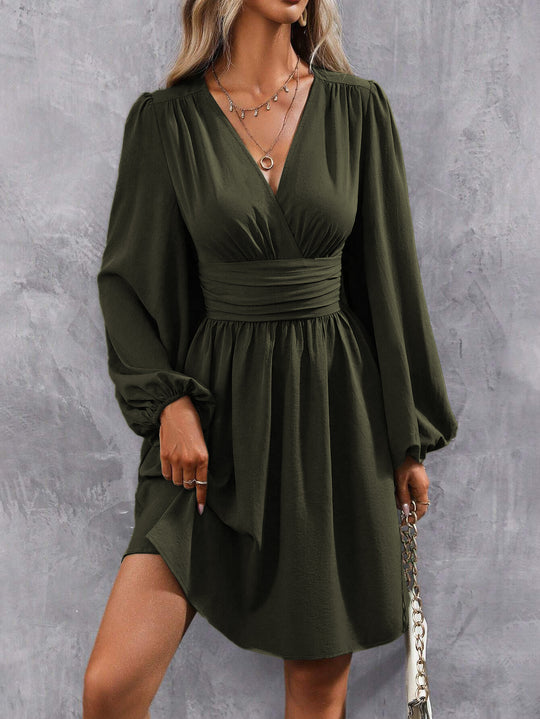 Damen Knielanges Wickelkleid mit eleganten Puffärmeln R&B