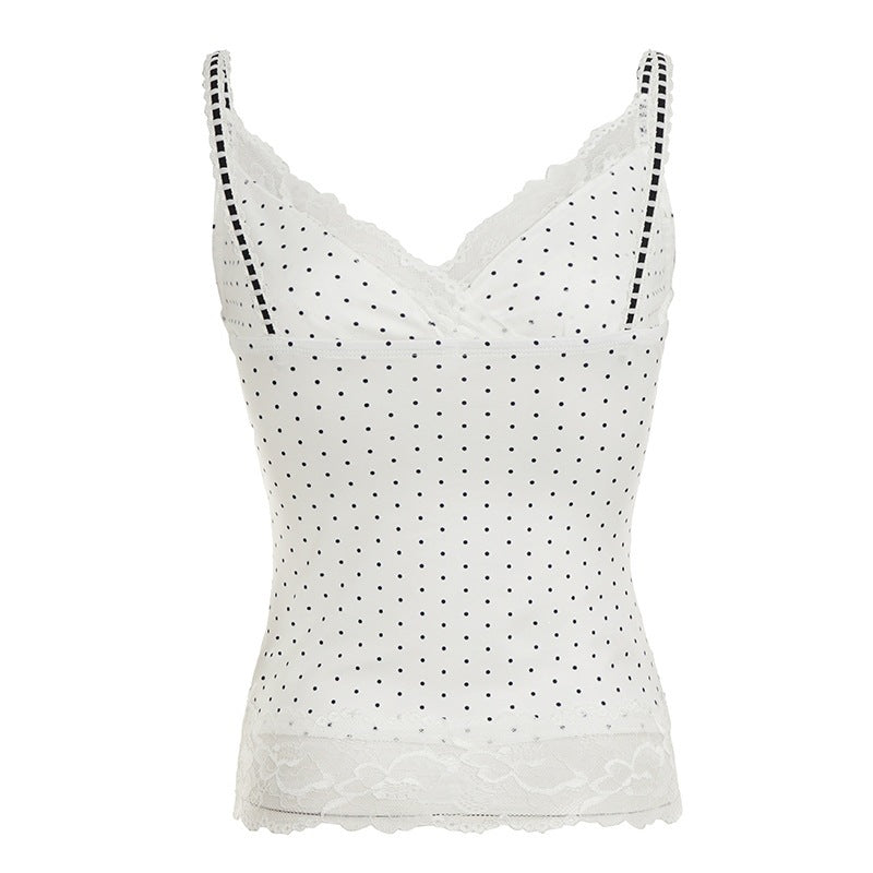 Damen Spaghetti-Trägertop mit floralen Spitzenakzenten und Polka-Punkten R&B
