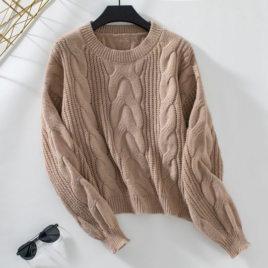 Damen grob gestrickter Pullover mit voluminösen Ärmeln und Zopfmuster R&B