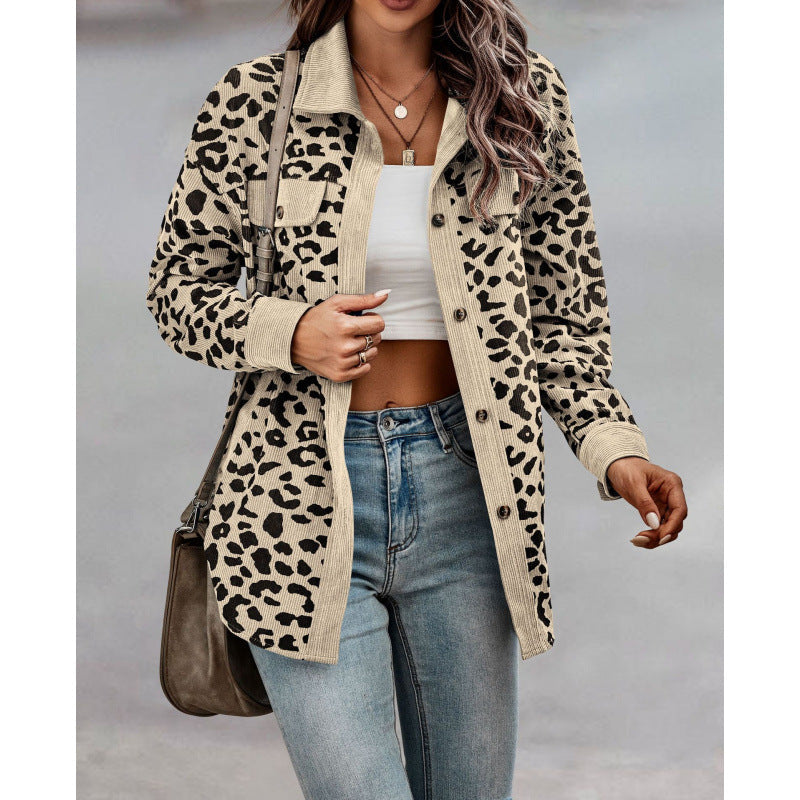 Damen tierisches Print-Langarm-Hemdjacke mit aufgesetzten Taschen R&B