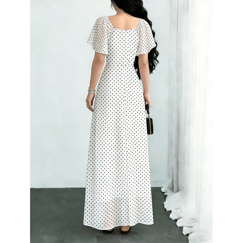 Damen Maxikleid mit voluminösen Rüschenschultern und vintage Punktedesign R&B