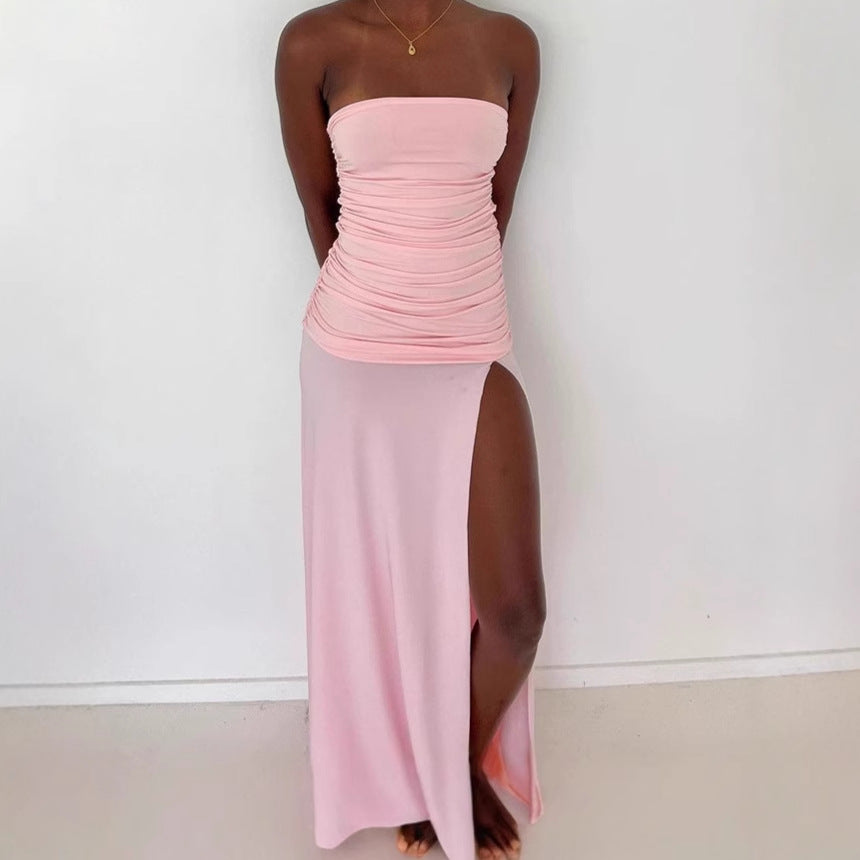 Damen Elegantes Trägerloses Maxikleid mit hohem Schlitz und Raffungen R&B