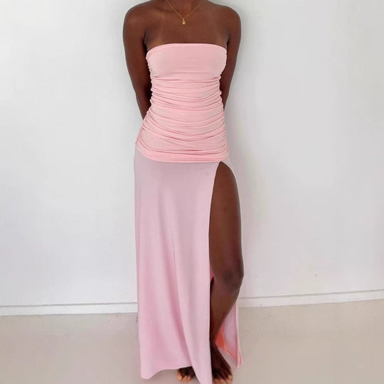 Damen Elegantes Trägerloses Maxikleid mit hohem Schlitz und Raffungen R&B