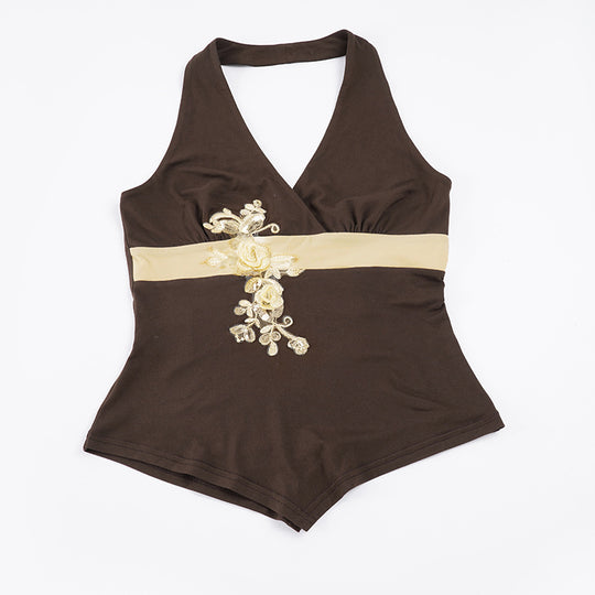Damen Badesuit mit eleganter floralem Stickerei und Halterneck R&B