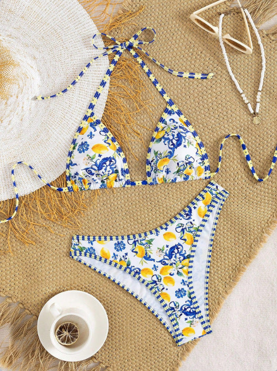 Damen Triangel-Bikini mit floralem Design und Bindedetails R&B