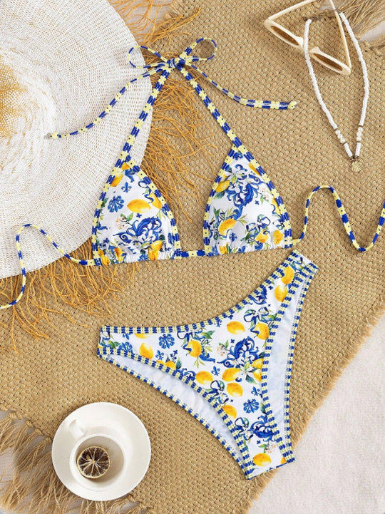 Damen Triangel-Bikini mit floralem Design und Bindedetails R&B